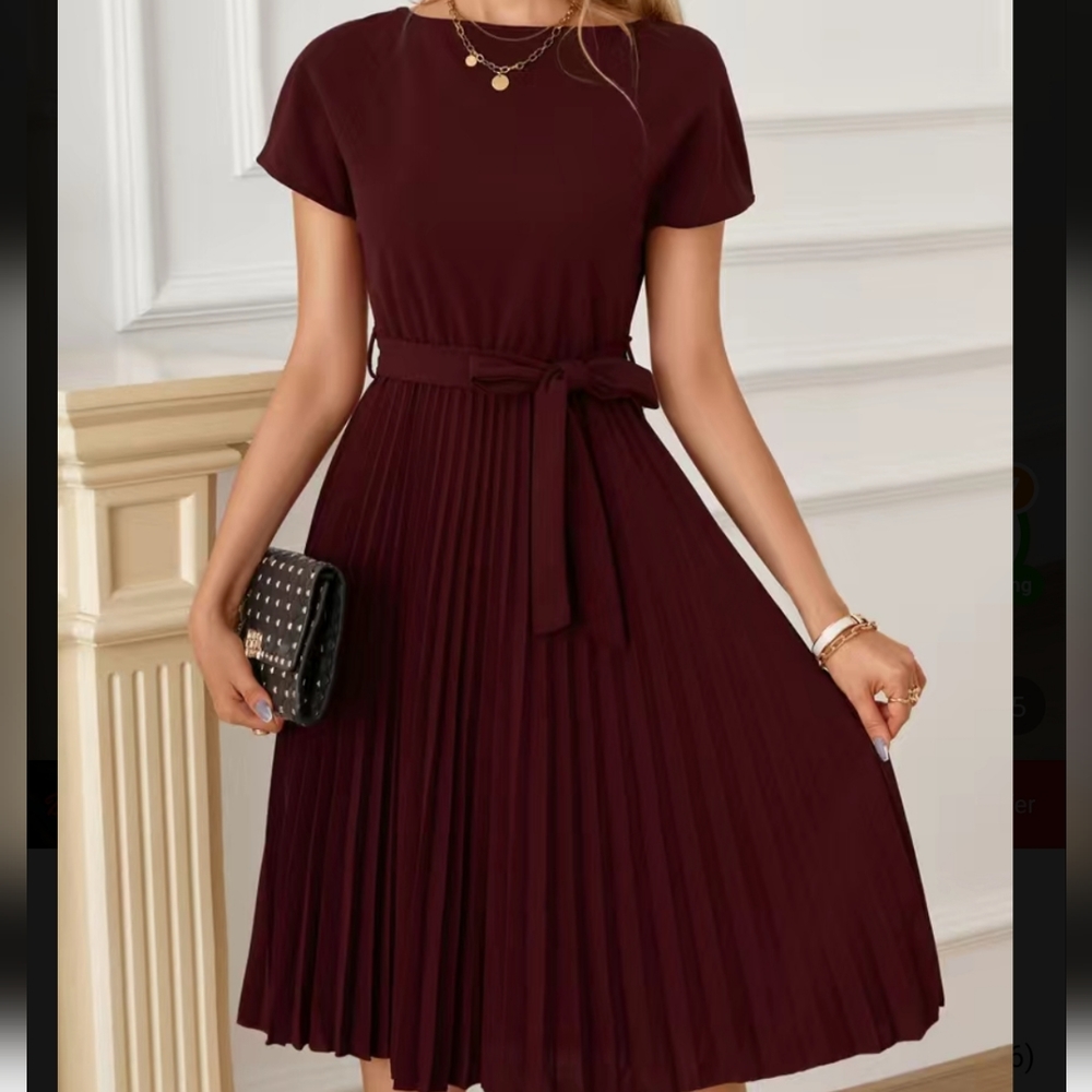 NWT Solid Pleated Dress, Elegant Boat Neck Short Sleeve Party Dress, Burgundy